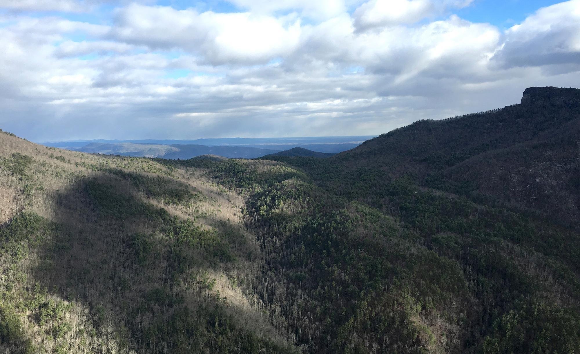 A photo of a green mountain range on a bright day