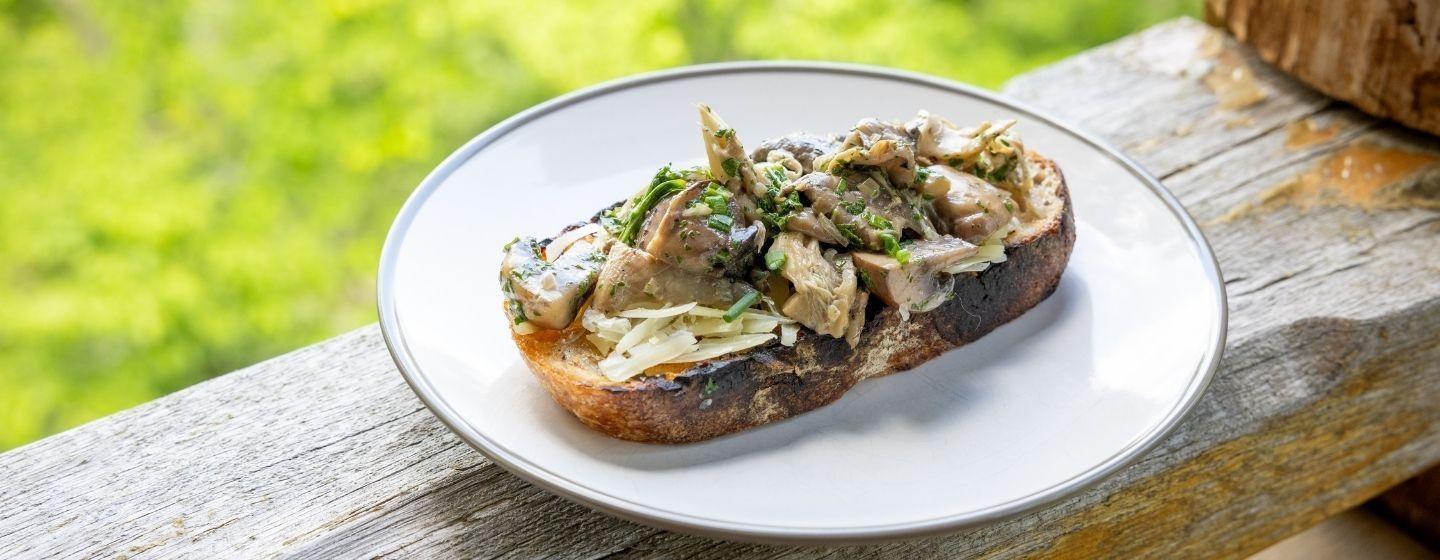Buttery sauteed mushrooms on a slice of toast on a ceramic plate on a porch railing/