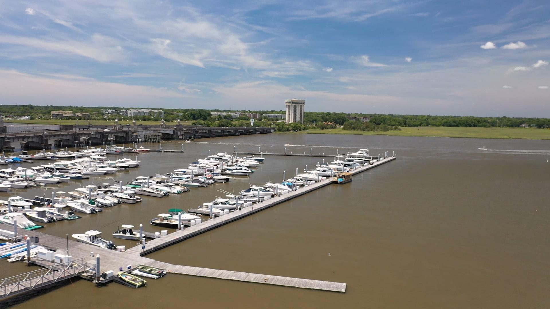 An aerial view of the Charleston marina.