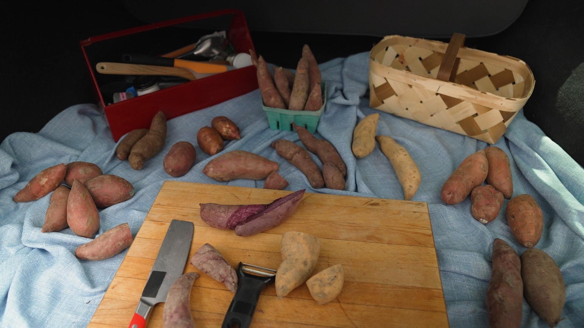 Different varieties of sweet potatoes set up on a cutting board in the back of Sheri Castle's car.