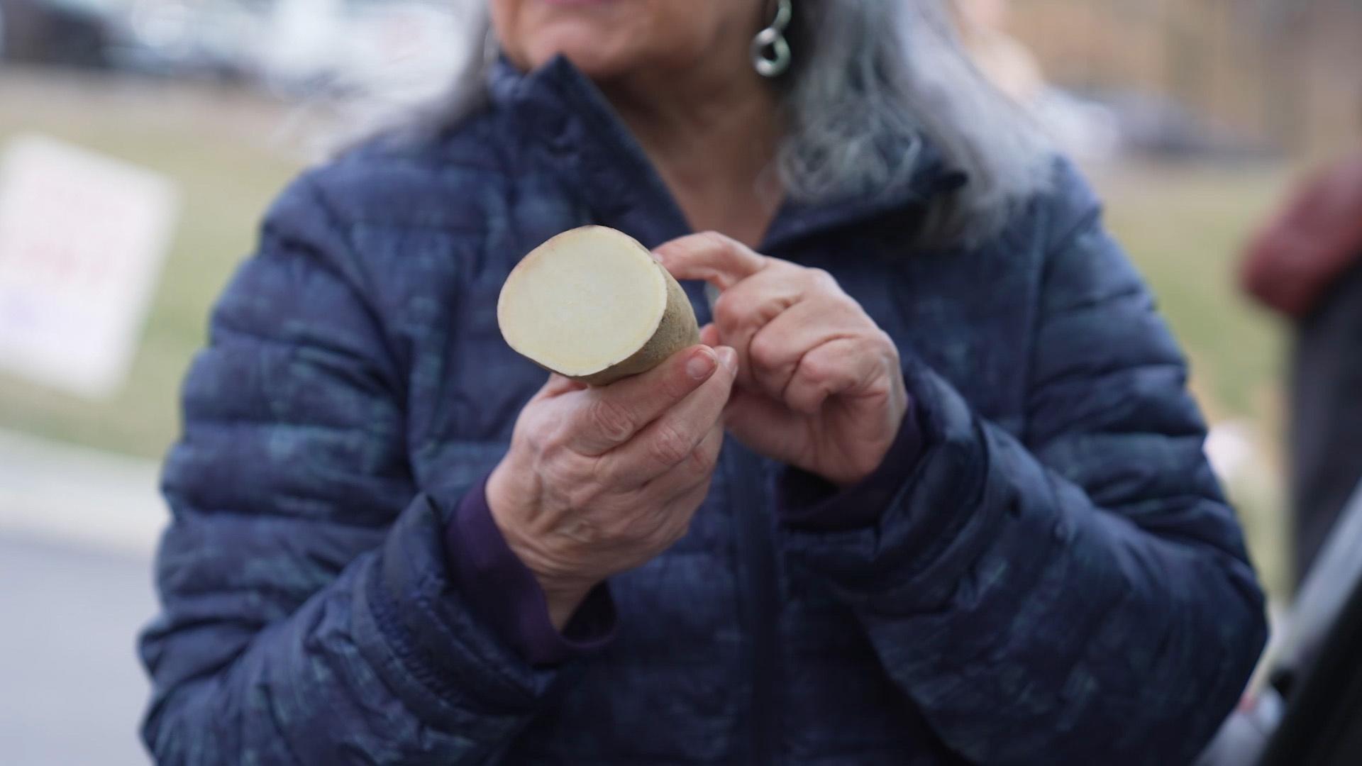 Sheri Castle holding up a white flesh sweet potato.