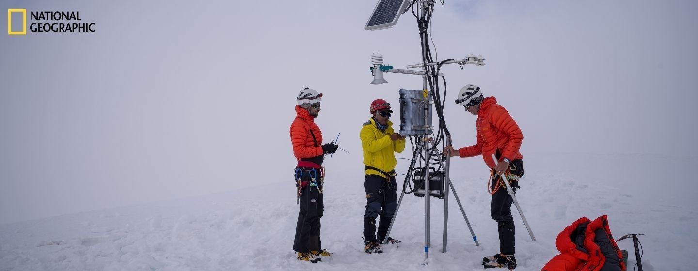 The team works on the weather station at Ausangate, part of National Geographic and Rolex’s 2022 Perpetual Planet Amazon Expedition. Credit: Justin Bruns /National Geographic