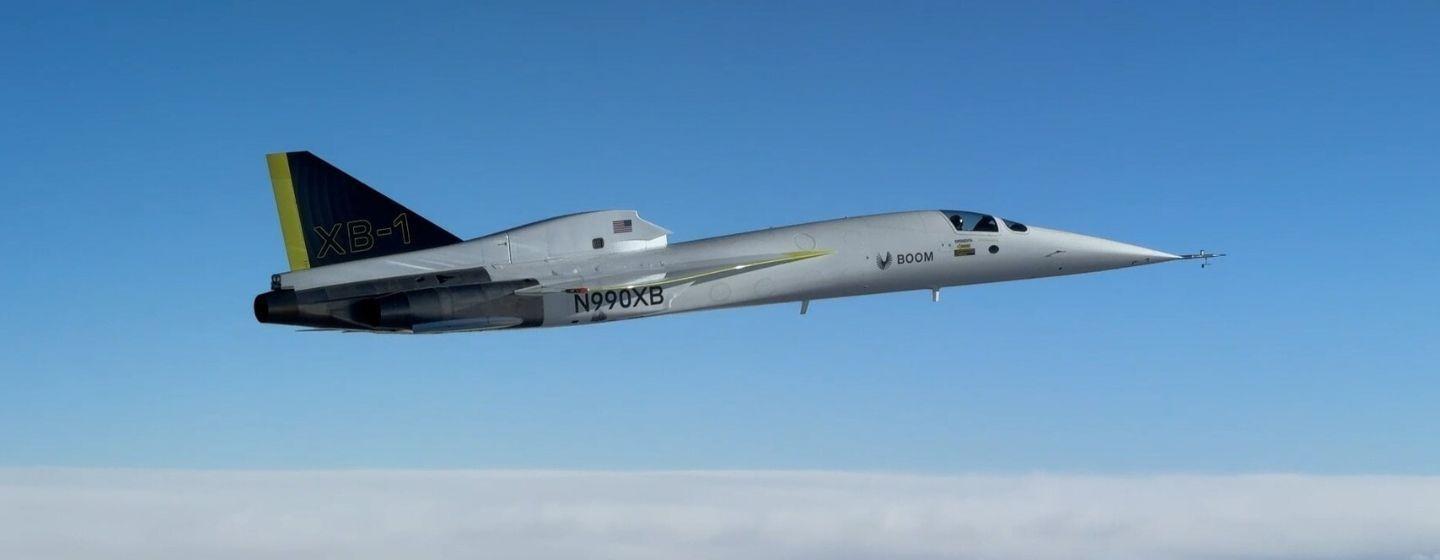 An image of a XB-1 demonstrator aircraft made from Colorado-based company, Boom Supersonic.