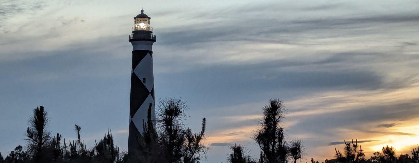 The Cape Lookout lighthouse at dusk.
