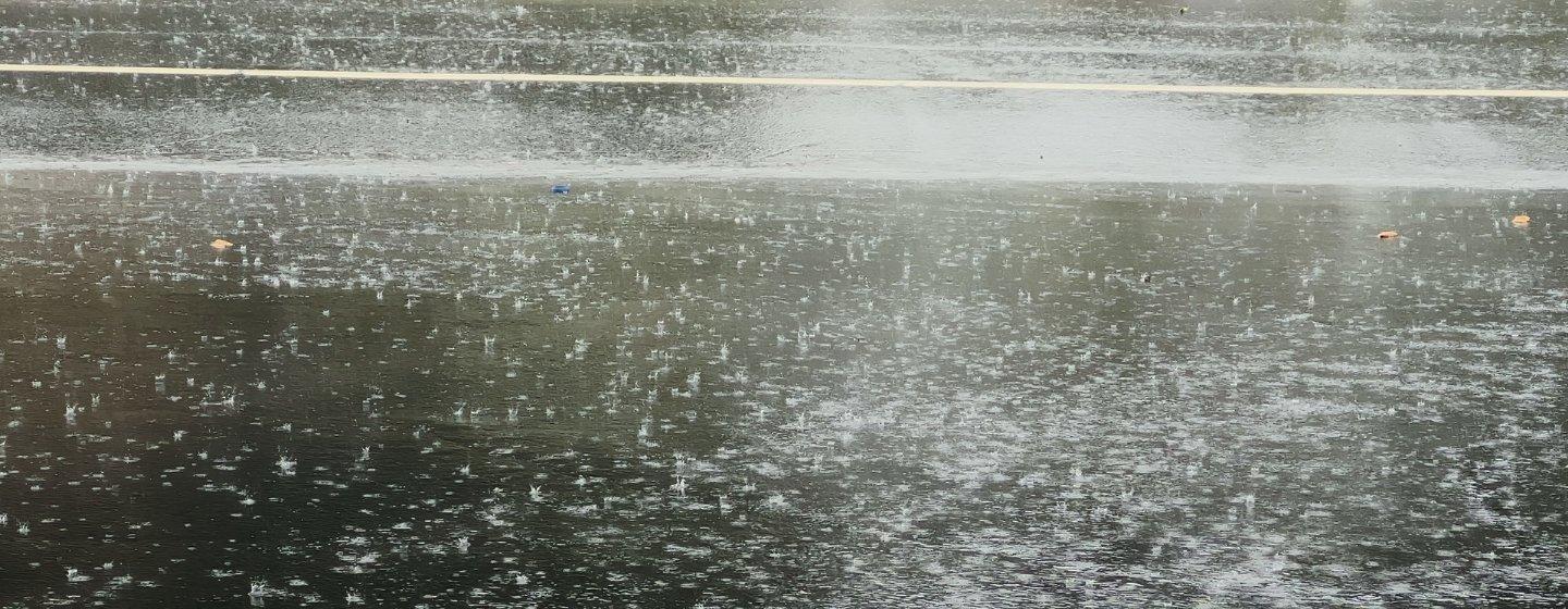 Rain falling on the road