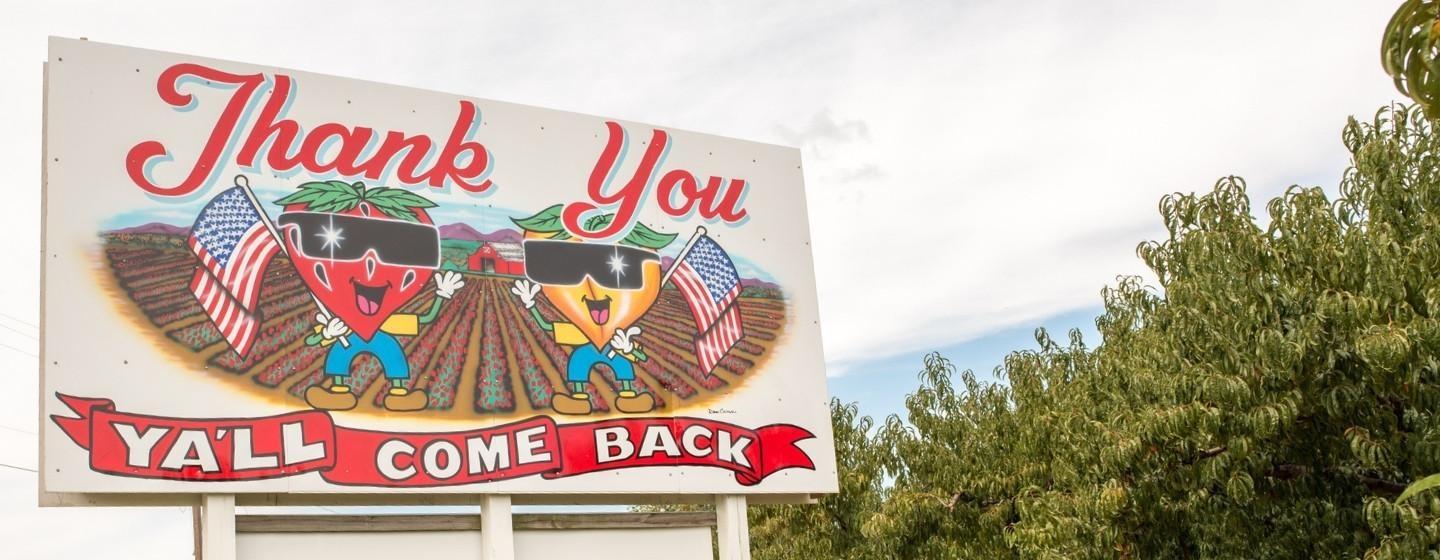 A sign with a personified strawberry and peach wearing sunglasses and waving the American flag with the text, "Thank you Y'all Come Back."