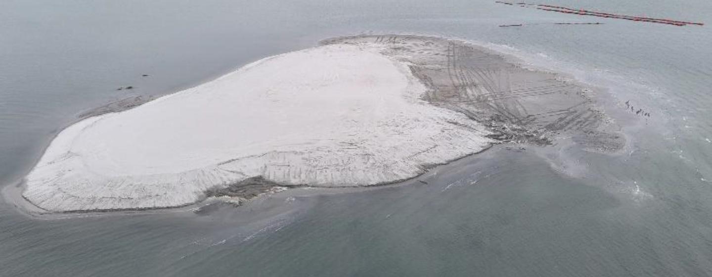 Drone image of Sandbag Island just before work is finished.