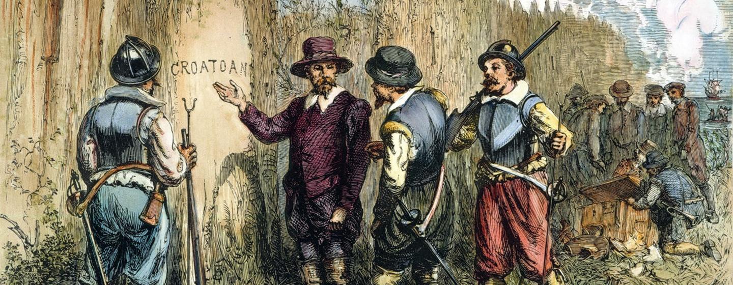 Wood etching of colonists at Roanoke lost colony CROATOAN tree