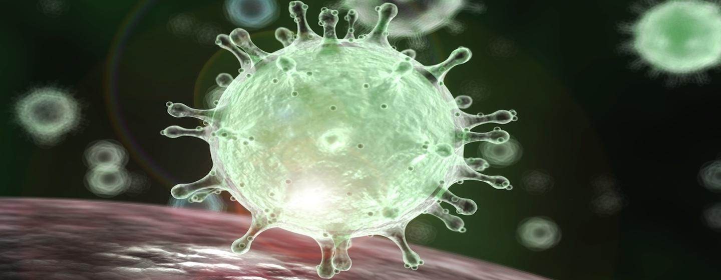 Large green 3-D antibody image centered around smaller antibodies in the background