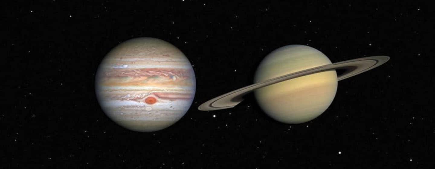 rendering of jupiter and saturn next to each other in space