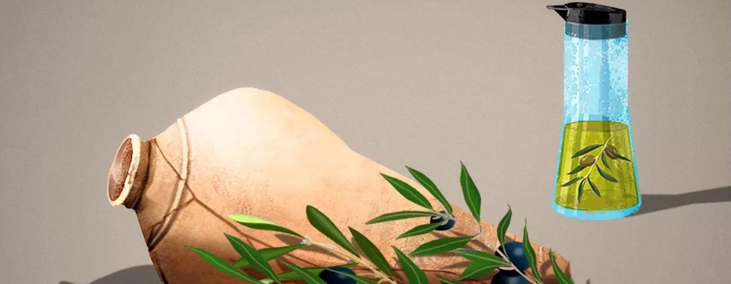 painting of large olive jar lying side with olive branch covering and and olive oil glass