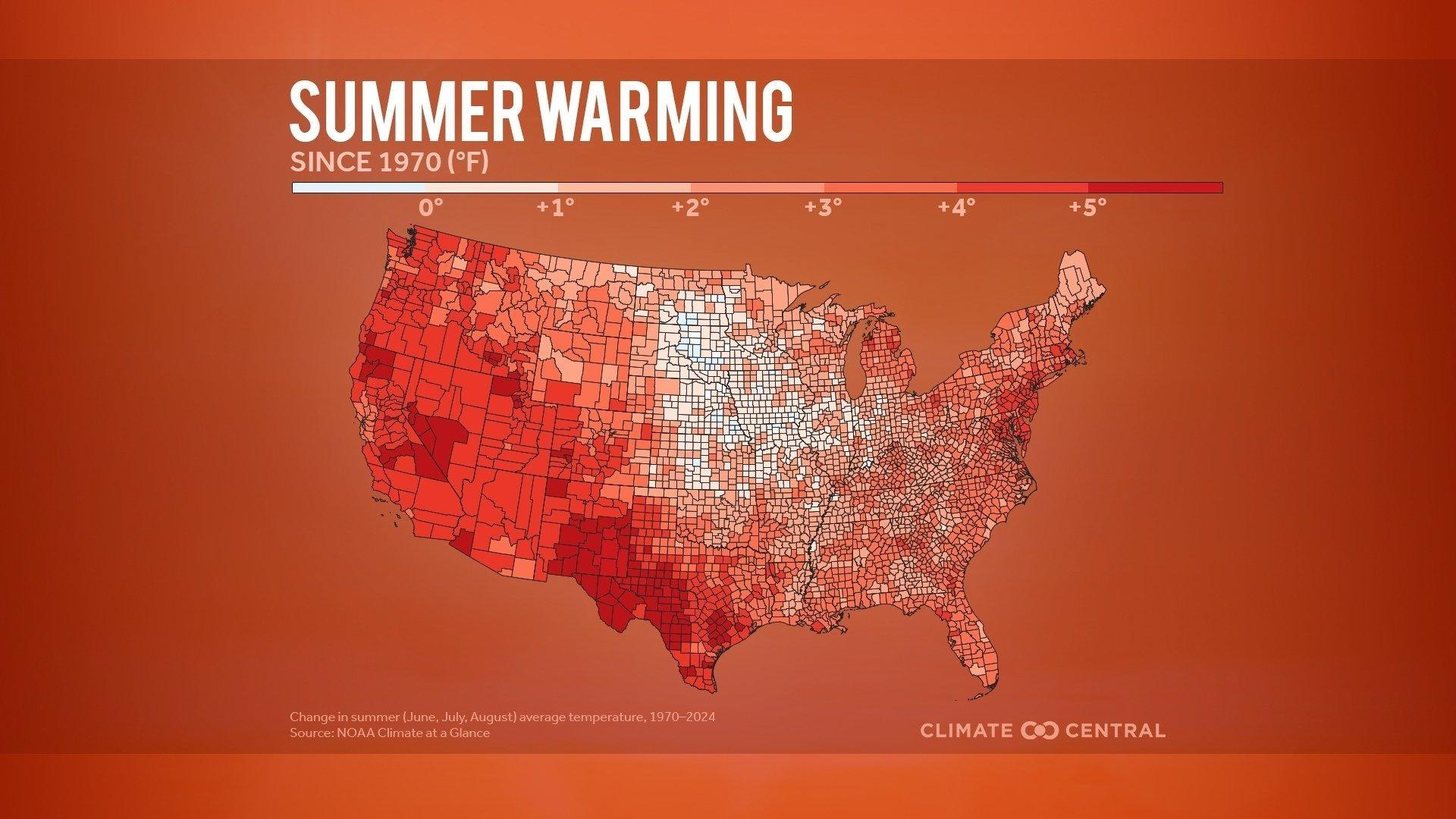 Summer Warming: Since 1970 (degrees Fahrenheit). Change in summer (June, July, August) average temperature, 1970-2024.