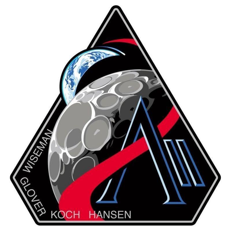 Framed in Apollo 8’s famous Earthrise photo, the scene of the Earth and the Moon and the last names of the Artemis II mission.