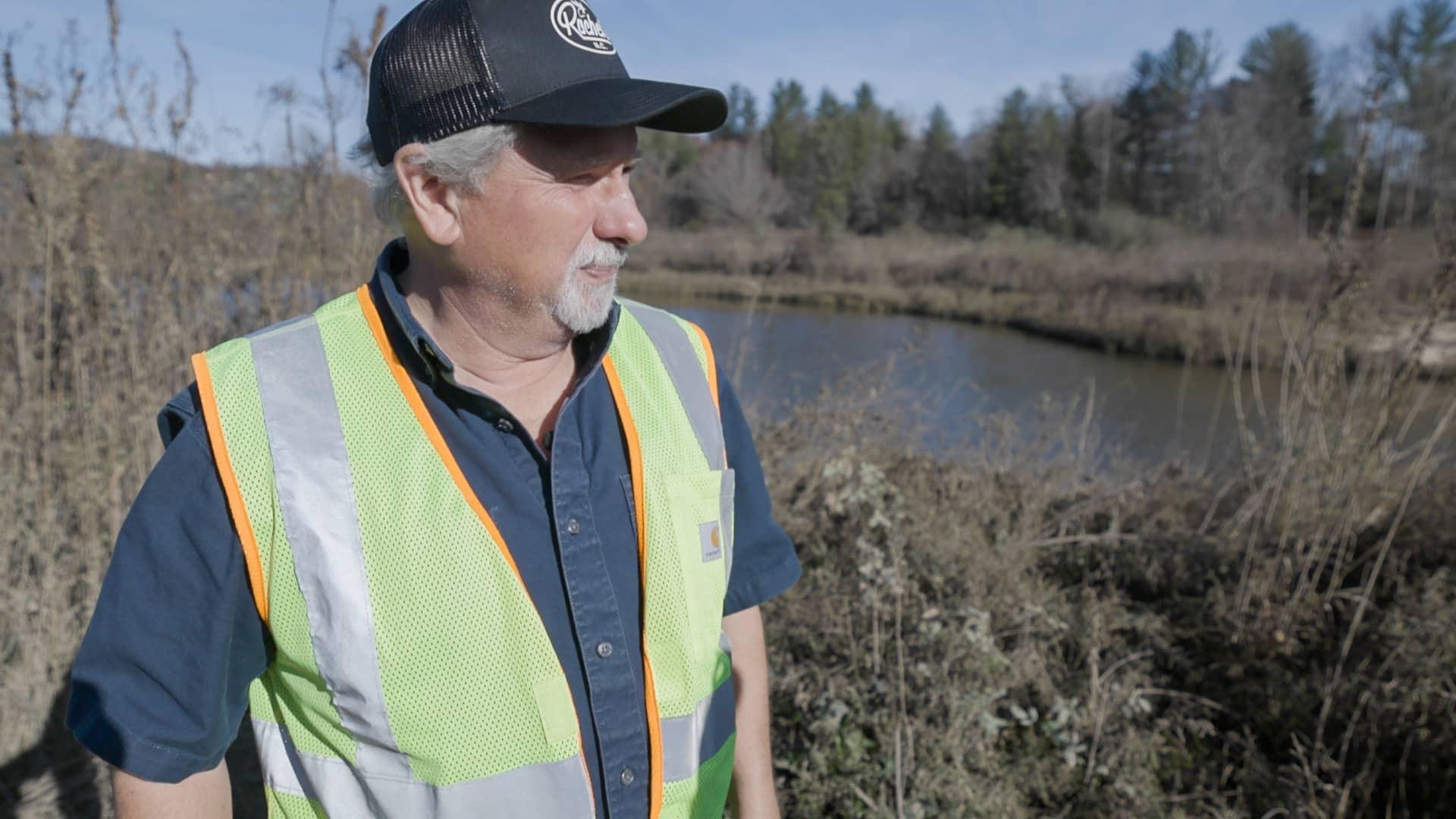 Environmental engineer Greg Jennings near the backwater slough at the Pleasant Grove restoration site in Etowah, NC.