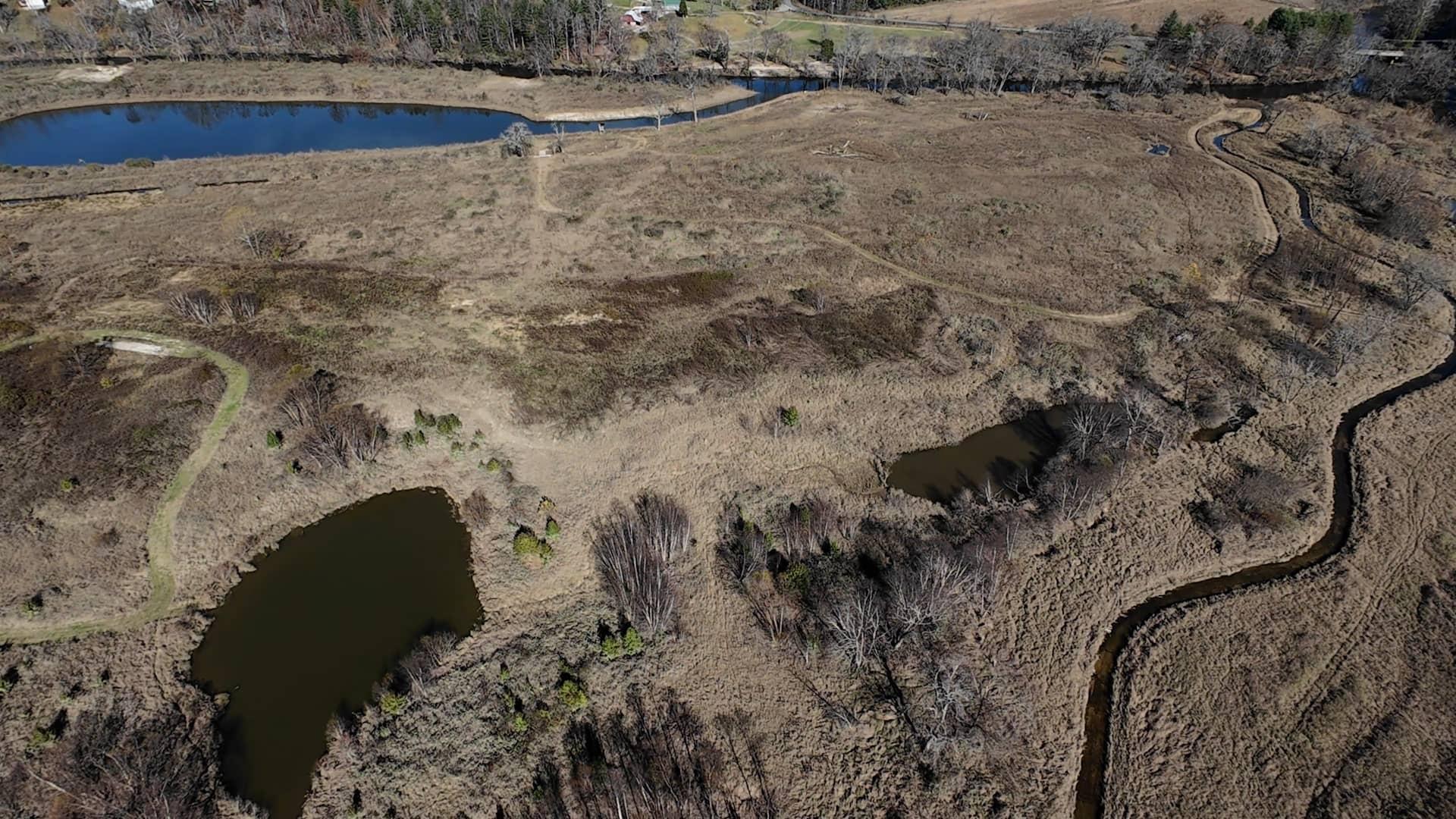 An aerial view of the Pleasant Grove restoration site showing the backwater slough, wetland corridor and restored winding creek.