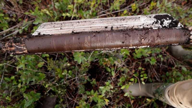 A close up of a metal instrument used to take soil cores and the core itself, a dark brown cylinder of wet sediment with roots and other organic matter.