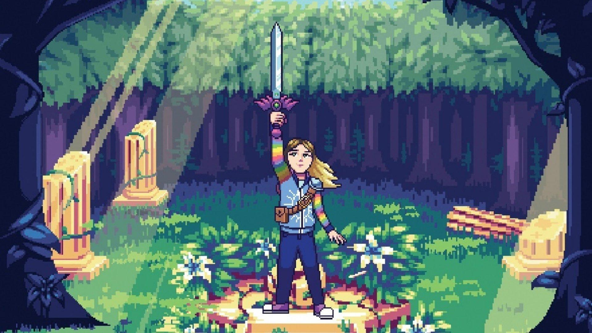 Amidst a dense digital forest, a pixelated female warrior stands center, triumphantly lifting a glowing sword skyward. Stone pillars with creeping vines frame her, as light shafts break through the treetops, illuminating the flowers and foliage around her pedestal.