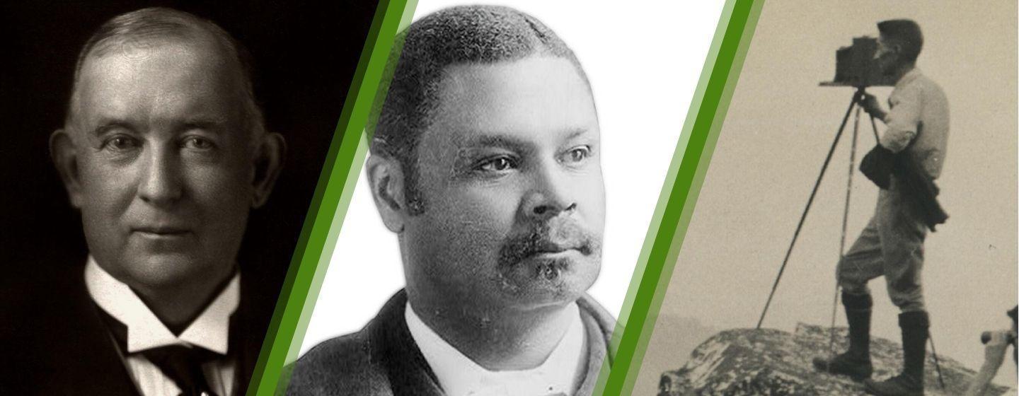 Composite image of James B. Duke, George H. While and George Masa separated by green slashes.