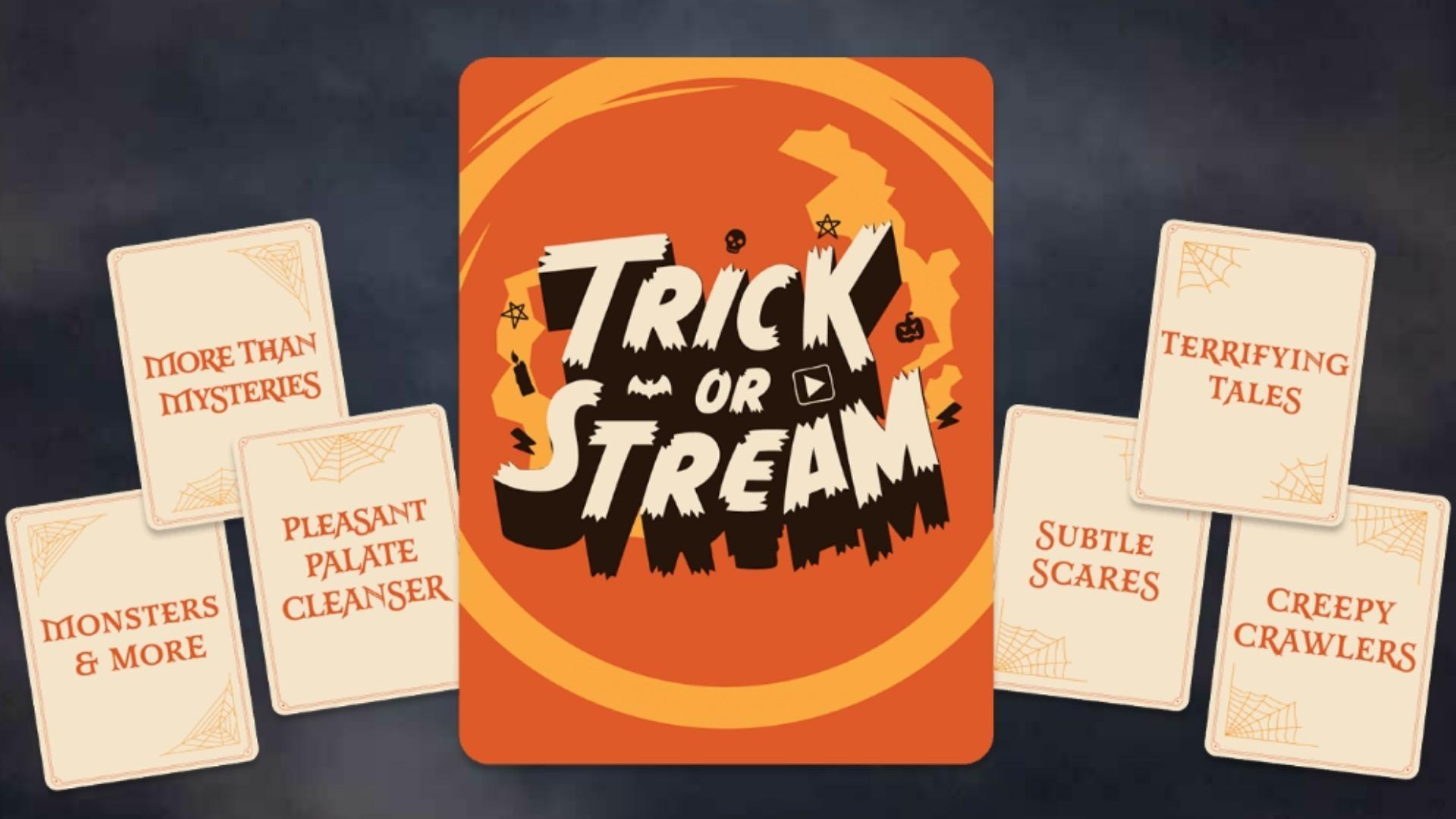 Trick or Stream tarot card graphics.