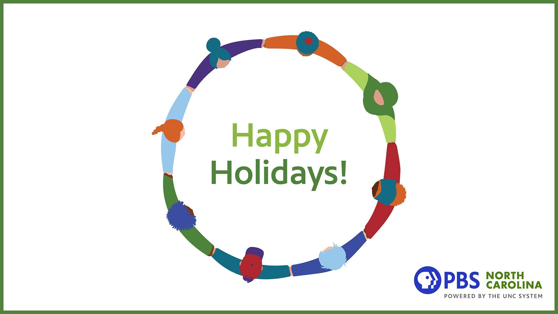 "Happy Holidays!" surrounded by a circle of people holding hands.