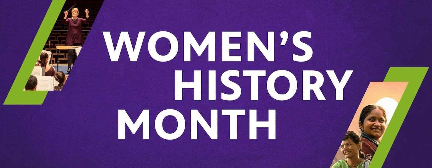 Women's History Month text over purple background with photos of women