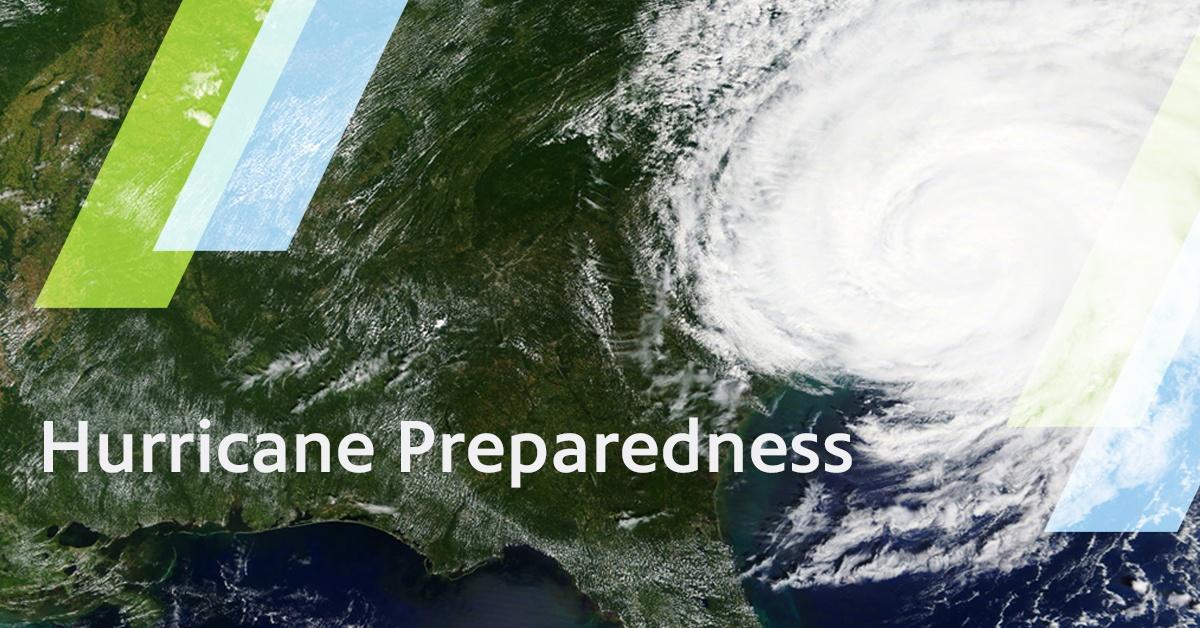An aerial image of a hurricane over the US east coast with the text, "Hurricane Preparedness."