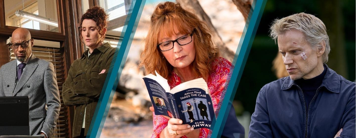 From L-R: Terence Maynard as DCI Paul and Goodwin Bronagh Waugh as DI Carol Farman in Ridley, Lesley Manville as Susan Ryeland in Moonflower Murders and Marc Warren as Piet Van der Valk in Van der Valk.