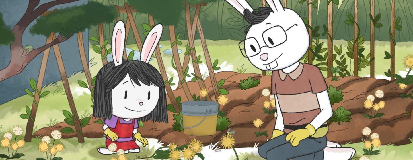 Elinor and Mr. Rabbit sit with some dandelions featured in Elinor Wonder's Why.