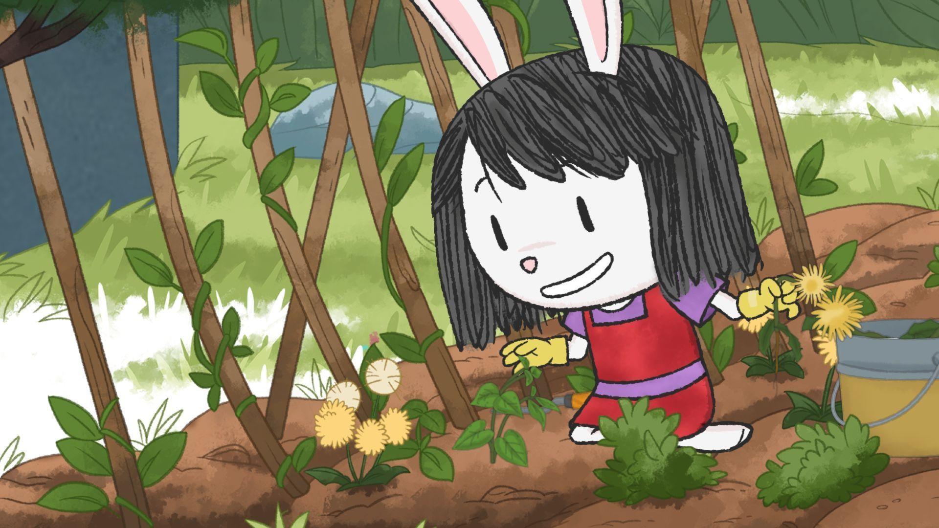 Elinor from "Elinor Wonders Why" kneels in a garden patch of dandelions.