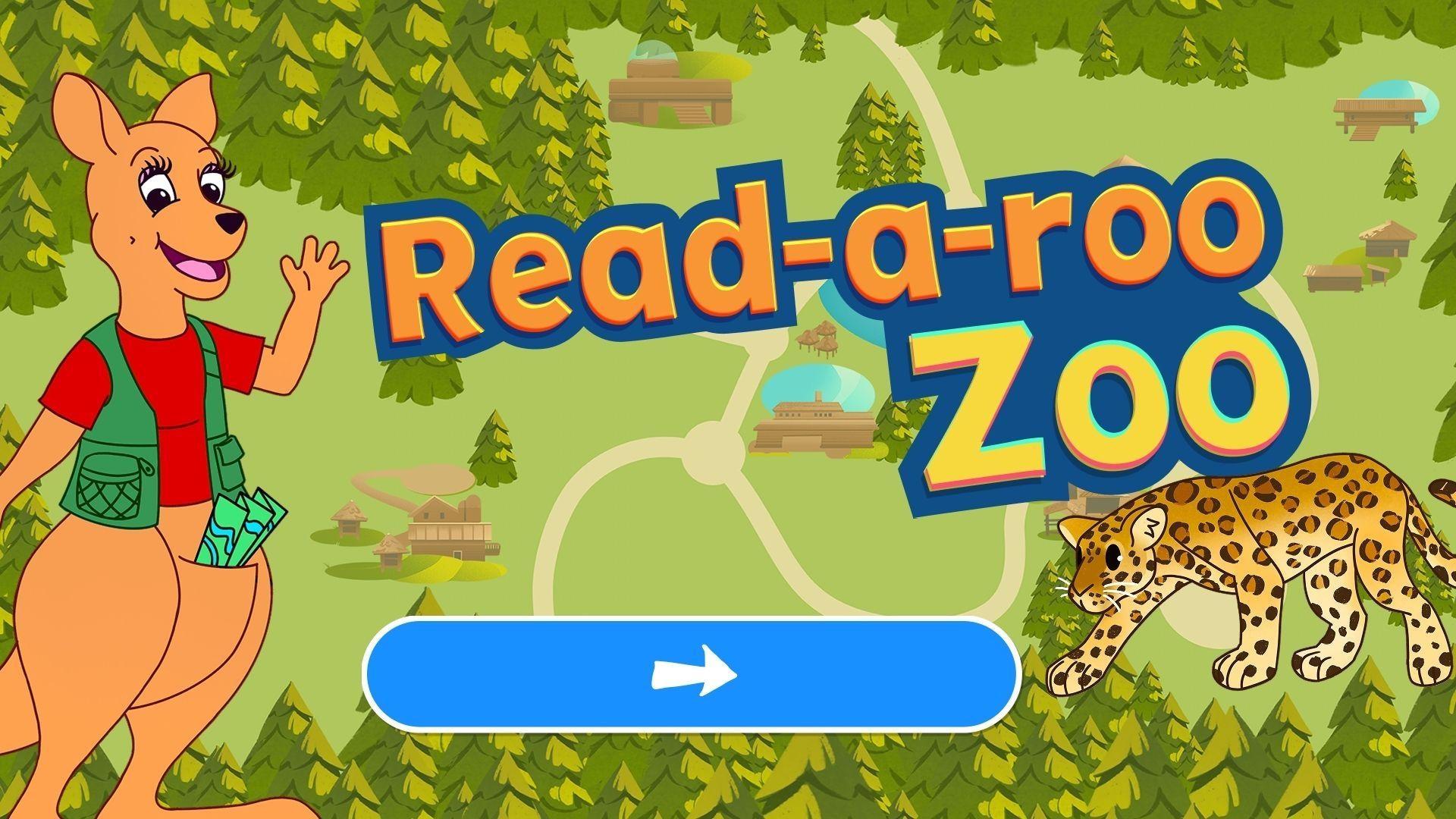 Read-a-roo Zoo game start image with a big blue button with an arrow pointing right.
