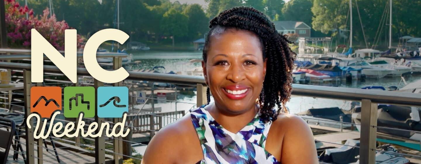 Deb Holt Noel, host of NC Weekend, sitting outside at a marina