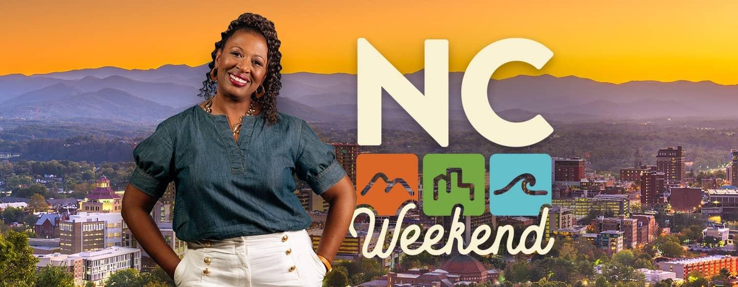 Host Deborah Holt Noel standing next to the NC Weekend logo in front of a mountain town.