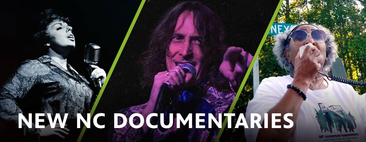 Composite image of Carol Sloane from 'Sloane: A Jazz Singer,' Paul Siler from 'The Great Cover Up' and an activist from 'Our Movement Starts Here' and New NC Documentaries superimposed over the images.