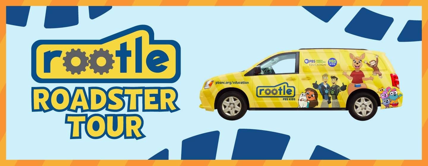 Rootle Roadster Tour logo and Roadster Bus on blue background