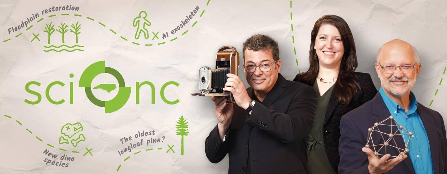 Sci NC hosts Evan Howell, Michelle Lotker and Frank Graff stand in front of a treasure map.