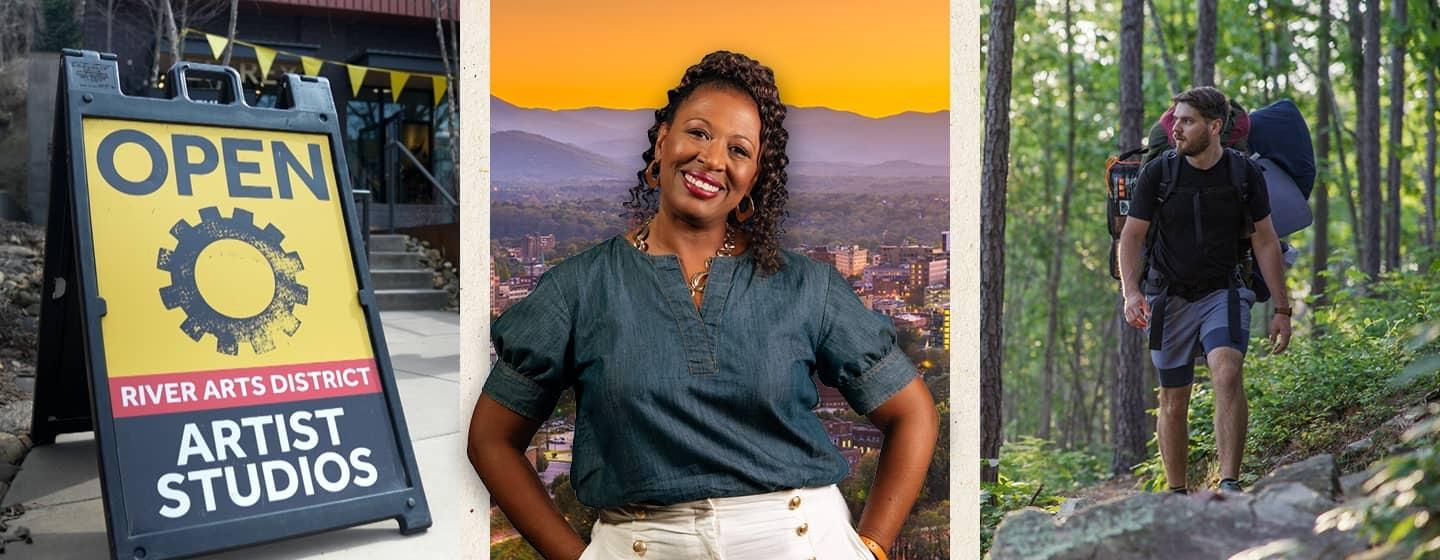 Three images side by side of A River Arts District sign, Deb Holt Noel and a man hiking in the woods.