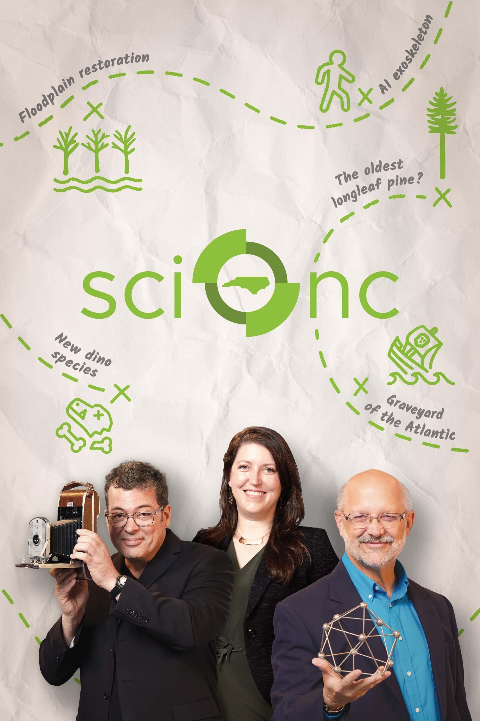 Rossie Izlar and Frank Graff crouching with a telescope and shark jaw skeleton, with the green Sci NC logo above them.