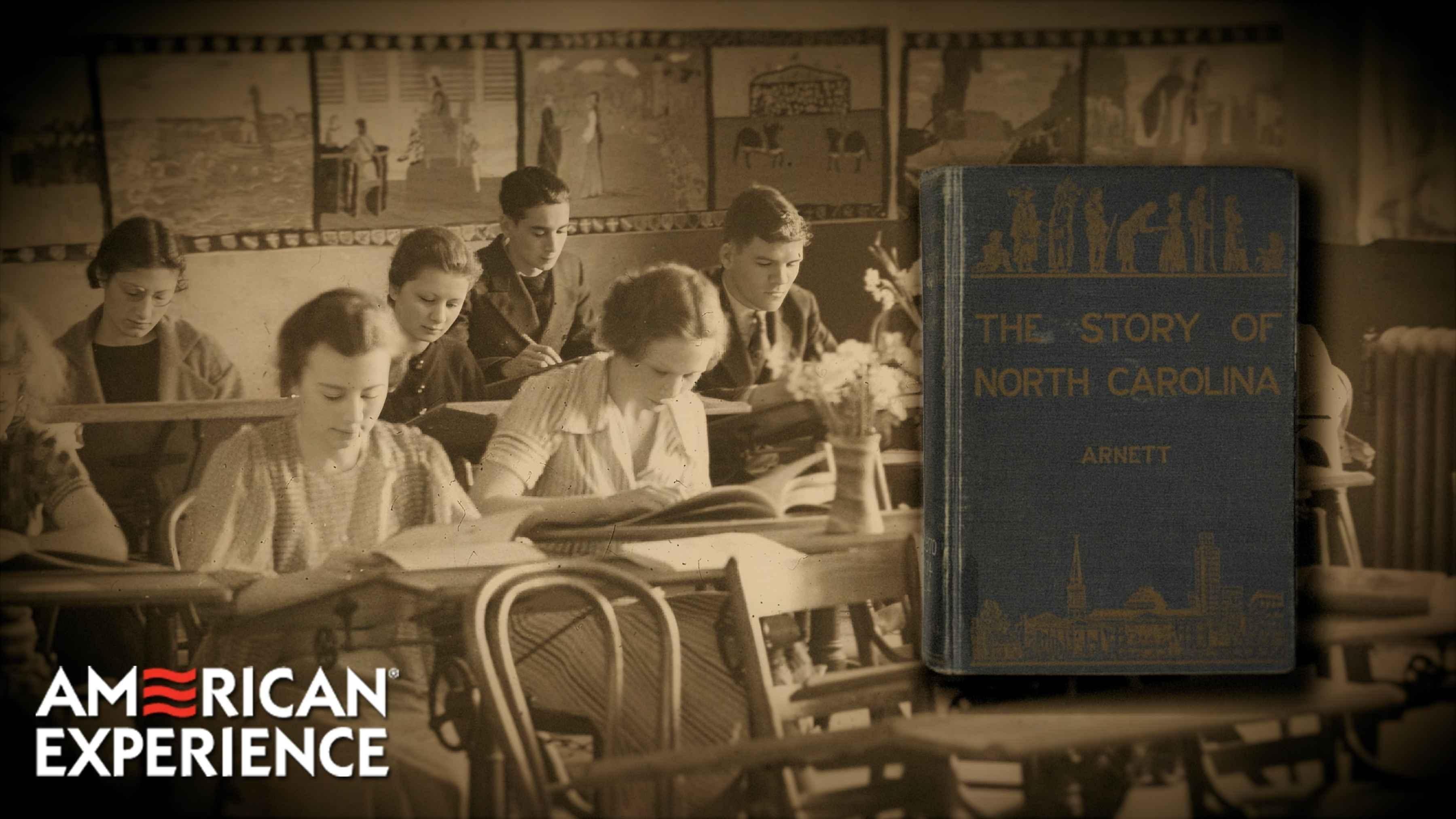 The book, "The Story of North Carolina" with a sepia toned image of children in a classroom.