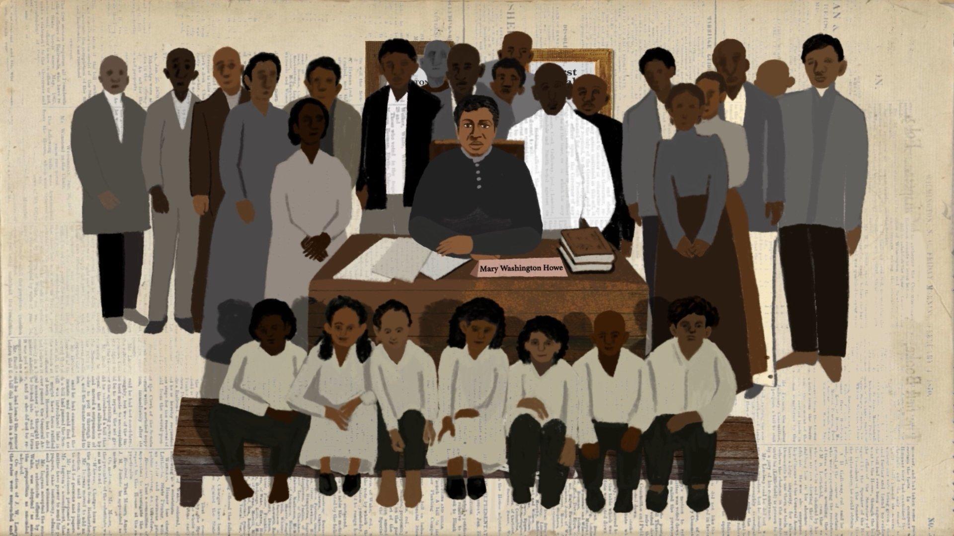 An illustration of adults standing behind a desk with someone sitting behind the desk and children sitting in front of the desk.