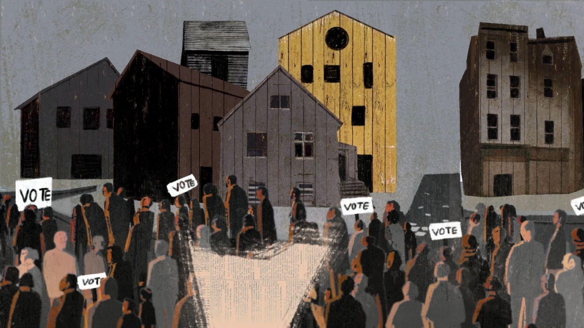 An illustration of a split crowd in a town with some holding up "VOTE" signs.