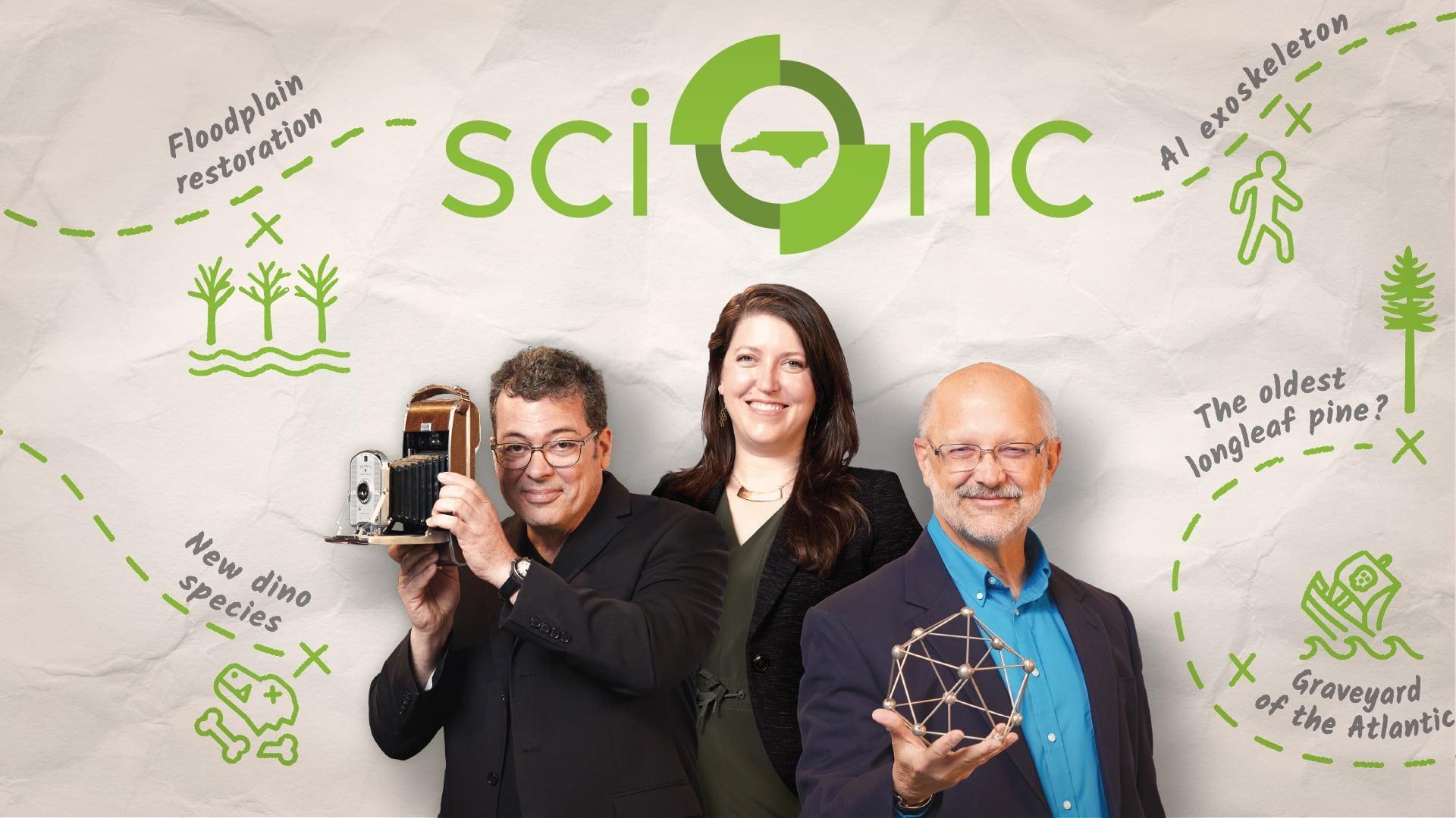 Sci NC contributors Evan Howell, Michelle Lotker and  Frank Graff stand in front of a paper map background with the Sci NC logo.