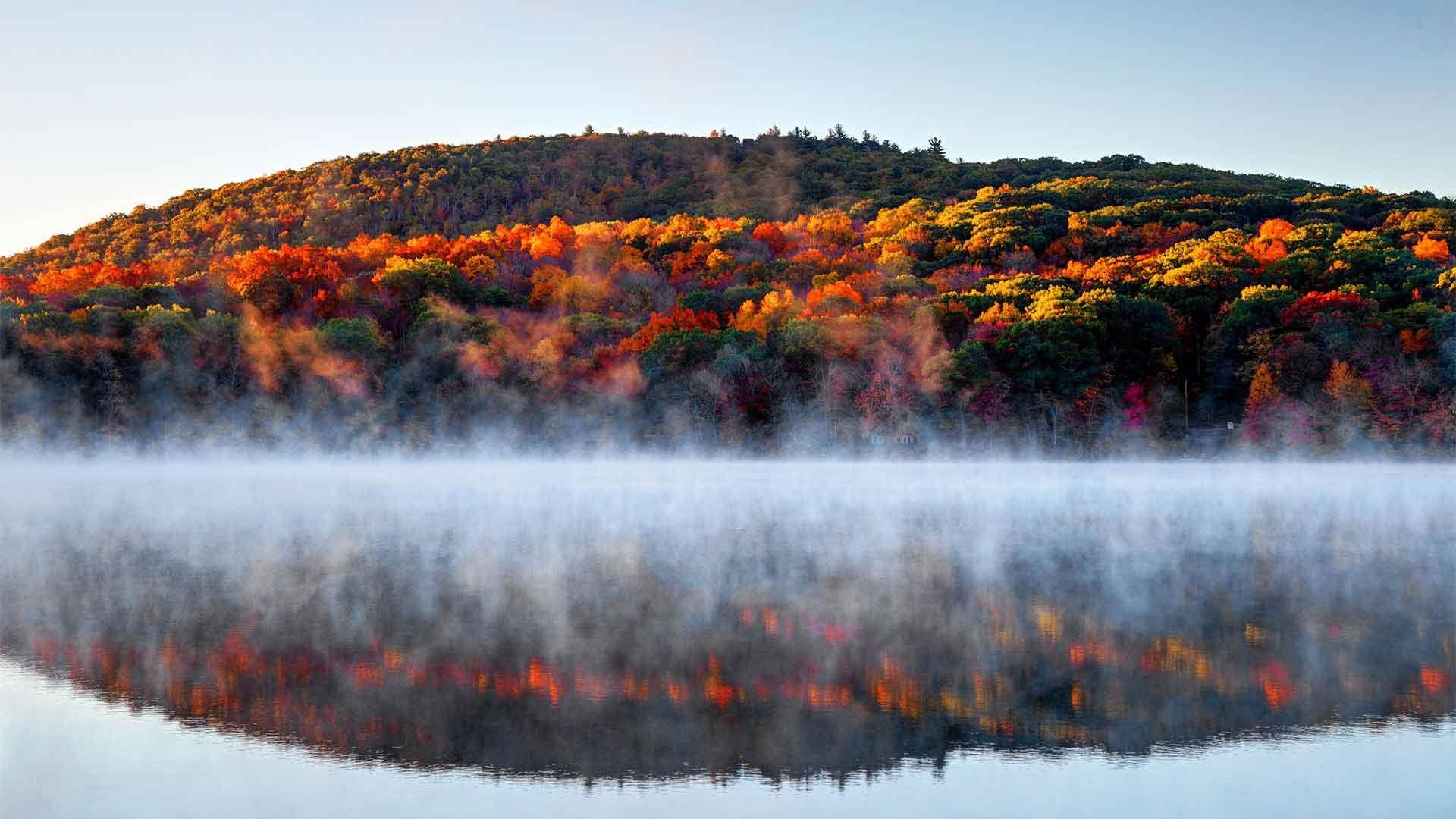 Autumn mist on a small pond in the Litchfield Hills of Connecticut.