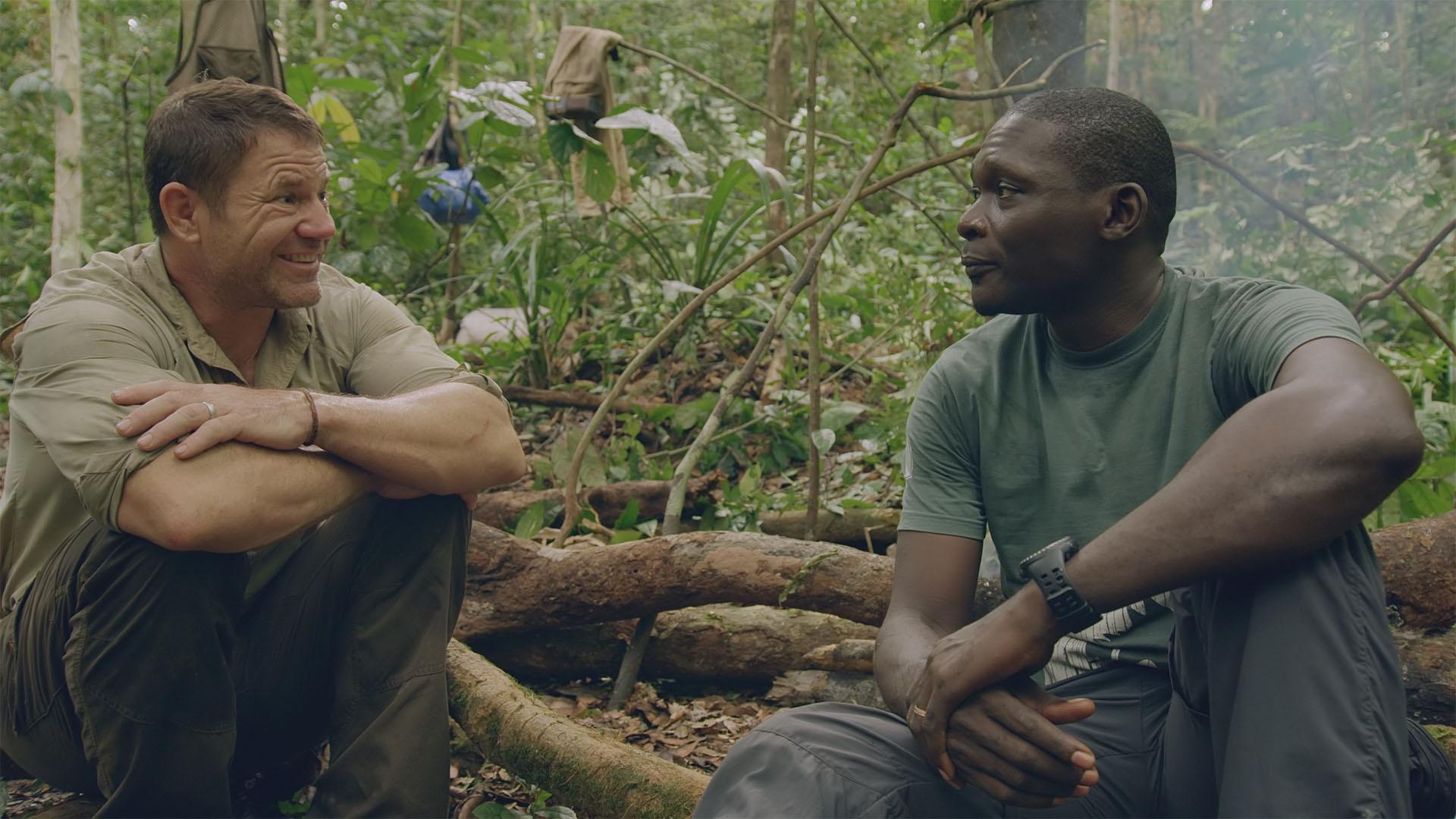 Steve Backshall and jungle guide Ghislain Bouassa prepare to head into unexplored jungle.