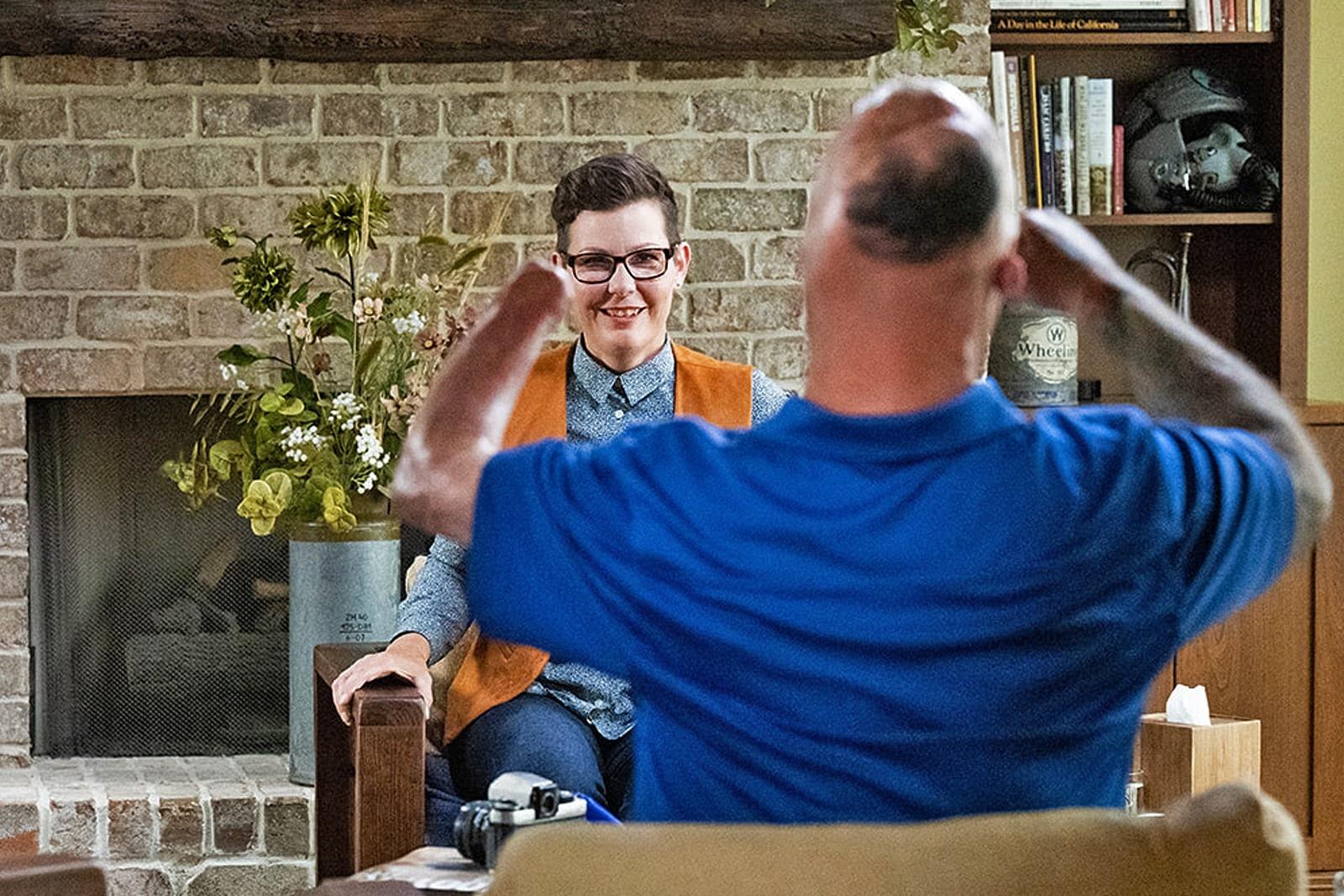 Army Veteran Bobby Henline making host Stacy Pearsall laugh on set of “After Action.”