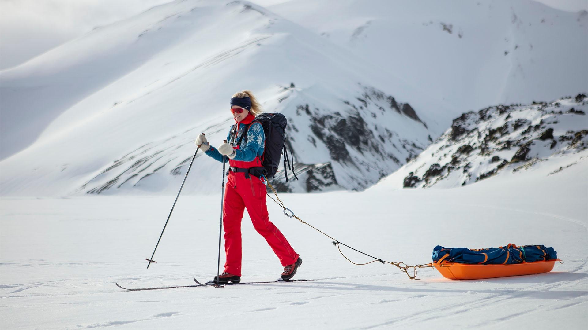 Birna skis across the Icelandic Highlands on her adventure to the hot springs at Landmannalaugar. 