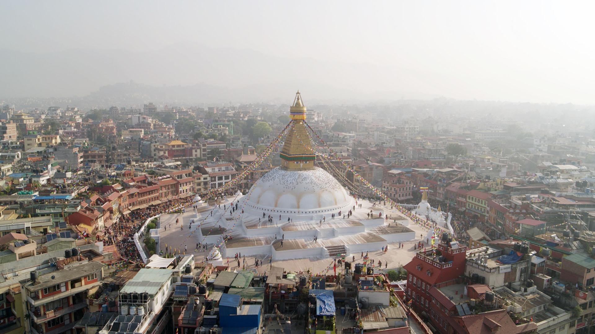 Aerial view of Boudhanath Stupa in Kathmandu, Nepal.