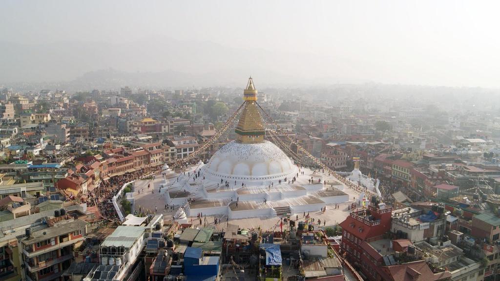 Aerial view of Boudhanath Stupa in Kathmandu, Nepal.
