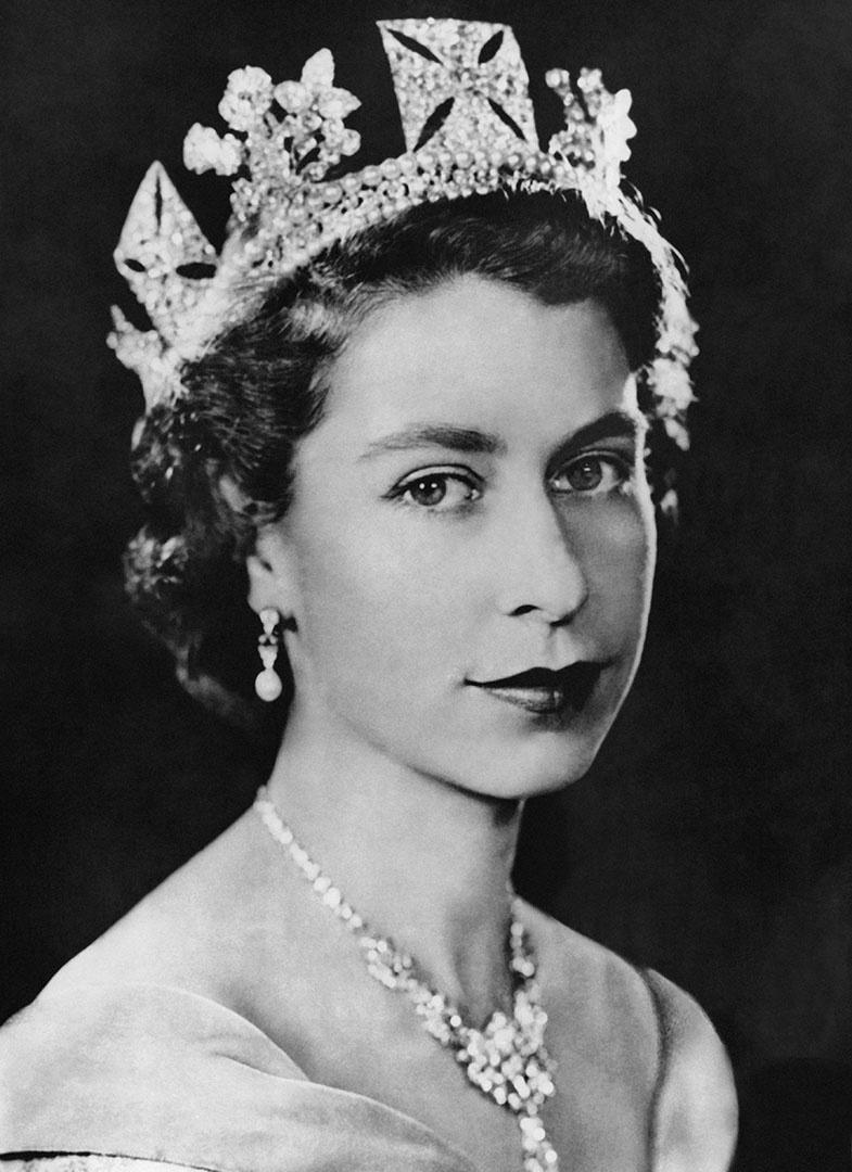 Black and white image of Queen Elizabeth II.