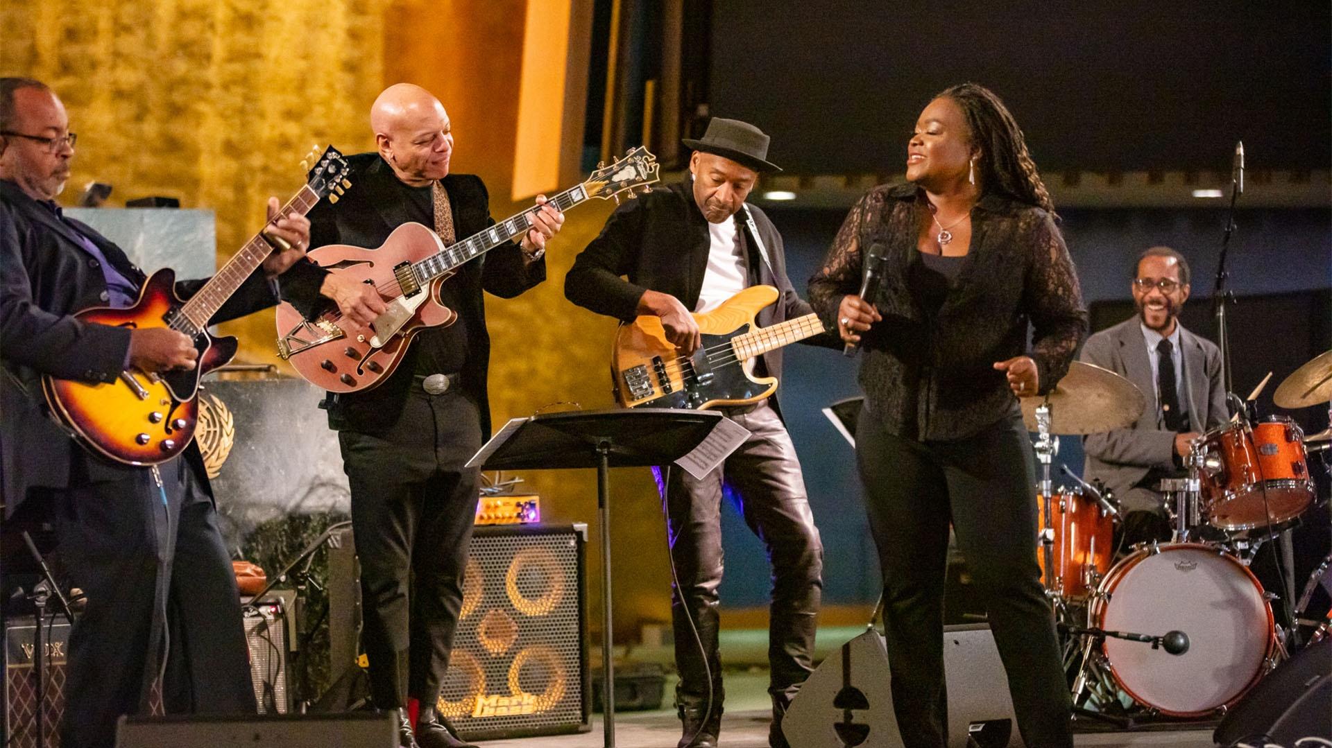 Image of Leonard Brown, Mark Whitfield, Marcus Miller, Shemekia Copeland, and Brian Blade performing