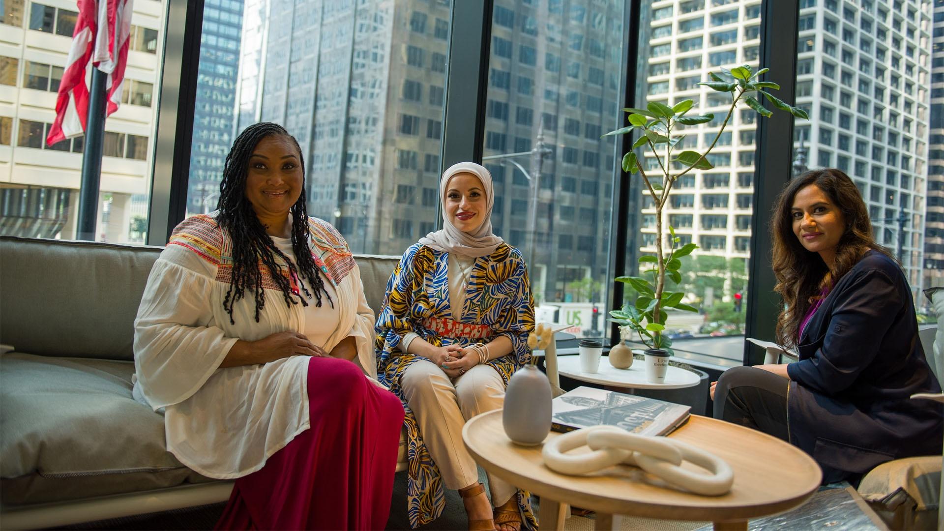 Maryum Ali, Mona Haydar and Maaria Mozaffar sitting together in Chicago.